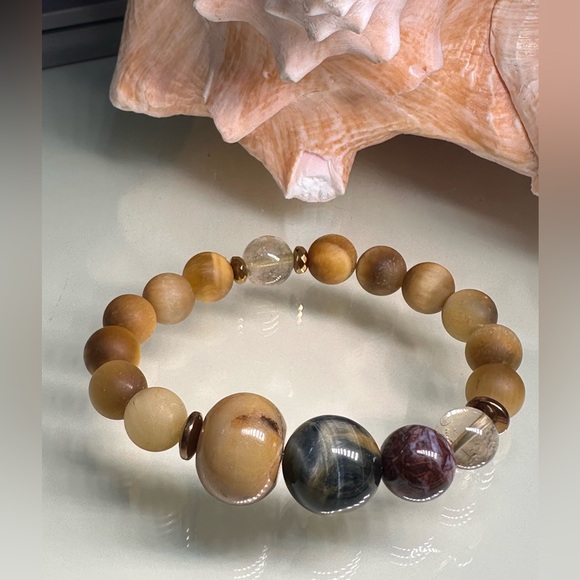 YELLOW TIGERS EYE + PIETERSITE + GOLD RUTILATED NATURAL STONES BRACELET size 7” - Picture 5 of 10